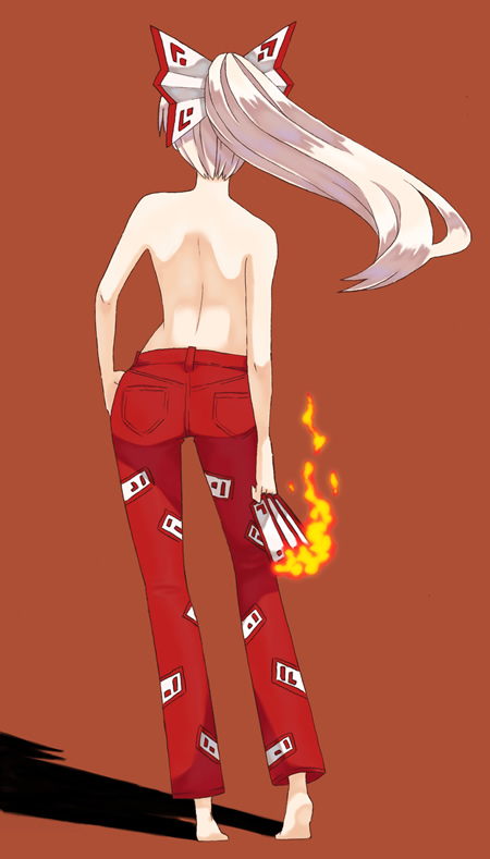 alternate_costume alternate_hairstyle back bare_back barefoot bow contemporary fire from_behind fujiwara_no_mokou hair_bow hand_on_hip ke-su long_hair ofuda ponytail shadow simple_background solo topless touhou white_hair