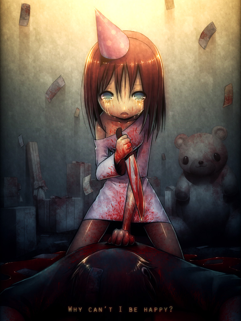 birthday blood blue_eyes brown_hair commentary english gift hat knife mike_inel off_shoulder open_mouth party_hat reverse_grip stuffed_animal stuffed_toy tears