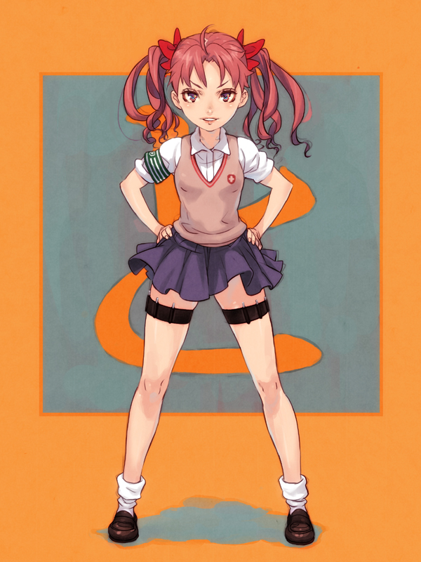 brown_hair hair_bow hands_on_hips legs lips school_uniform shiohara_shin'ichi shiohara_shinichi shirai_kuroko skirt solo sweater_vest thigh_strap to_aru_kagaku_no_railgun to_aru_majutsu_no_index twintails