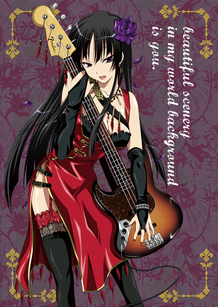 bass_guitar black_hair breasts bridal_gauntlets china_dress chinese_clothes cleavage dress engrish fender flower garter_straps garters gloves guitar hair_flower hair_ornament instrument inui_sekihiko jazz_bass jewelry k-on! lips long_hair nail_polish necklace purple_eyes ranguage rose side_slit solo thigh-highs thighhighs violet_eyes