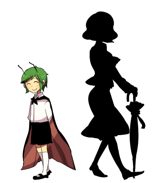 antennae arms_behind_back cape closed_eyes closed_umbrella green_hair kazami_yuuka silhouette simple_background smile touhou umbrella white_background wriggle_nightbug yoshio_(440) yoshio_(artist)