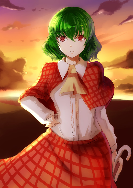 ascot clouds collar green_hair hand_on_hip kazami_yuuka light o_kawa parasol plaid plaid_skirt red_eyes shirt short_hair skirt sky smile sunset tartan touhou umbrella vest