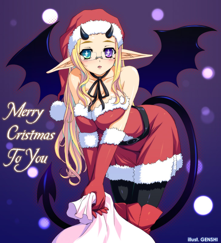 1girl bad_id bare_shoulders blonde_hair blush boots breasts christmas cleavage demon_girl demon_tail demon_wings elbow_gloves english engrish genshi glasses gloves green_eyes hat heterochromia horns leaning_forward mole neck_ribbon original pantyhose pointy_ears purple_eyes ranguage ribbon ribbon_choker santa_costume santa_hat solo tail thigh_boots thighhighs violet_eyes wings