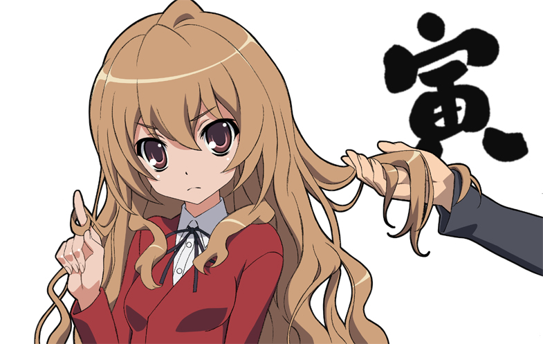 brown_eyes brown_hair hair_twirling hands long_hair nyoronyoro pink_eyes school_uniform simple_background single_arm single_hand toradora!