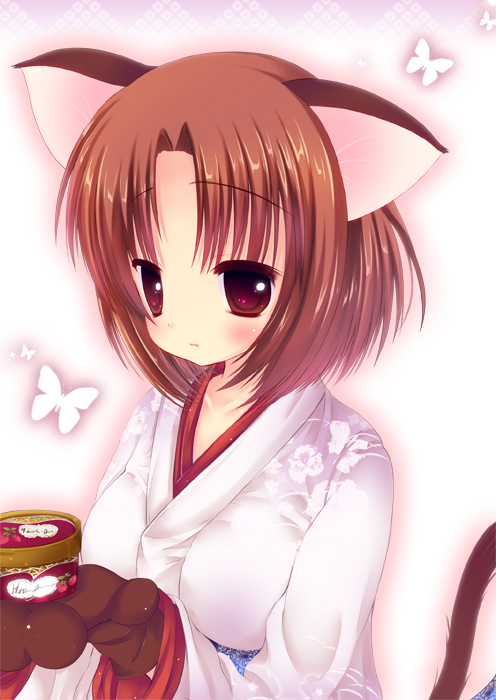 animal_ears bad_id blush cat_ears cat_paws food haagen-dazs ice_cream japanese_clothes kara_no_kyoukai kimono paws ryougi_shiki solo tail type-moon