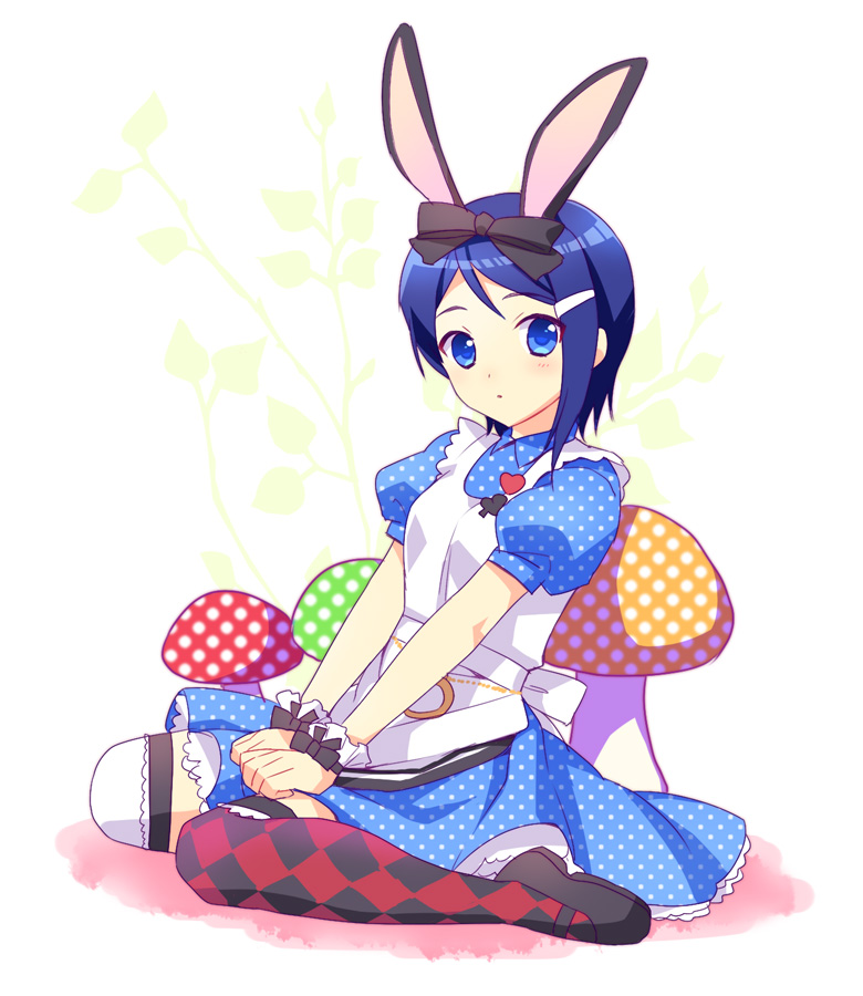 1girl alice_(wonderland)_(cosplay) animal_ears apron argyle argyle_legwear asymmetrical_bangs bangs blue_eyes blue_hair fake_animal_ears fuyuichi hair_ribbon heart idolmaster idolmaster_dearly_stars mizutani_eri mushroom parted_lips petticoat puffy_sleeves rabbit_ears ribbon short_hair short_sleeves sitting solo thigh-highs v_arms wariza wrist_cuffs