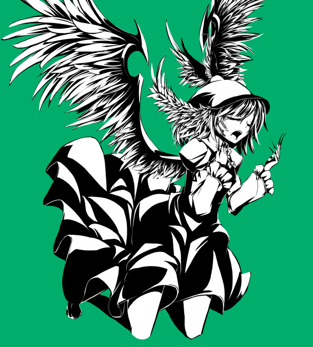 artist_request beshi bow closed_eyes dress feathers fingernails hair_bow hat legs long_fingernails long_nails long_sleeves monochrome mystia_lorelei nails open_mouth short_hair simple_background singing solo touhou wings