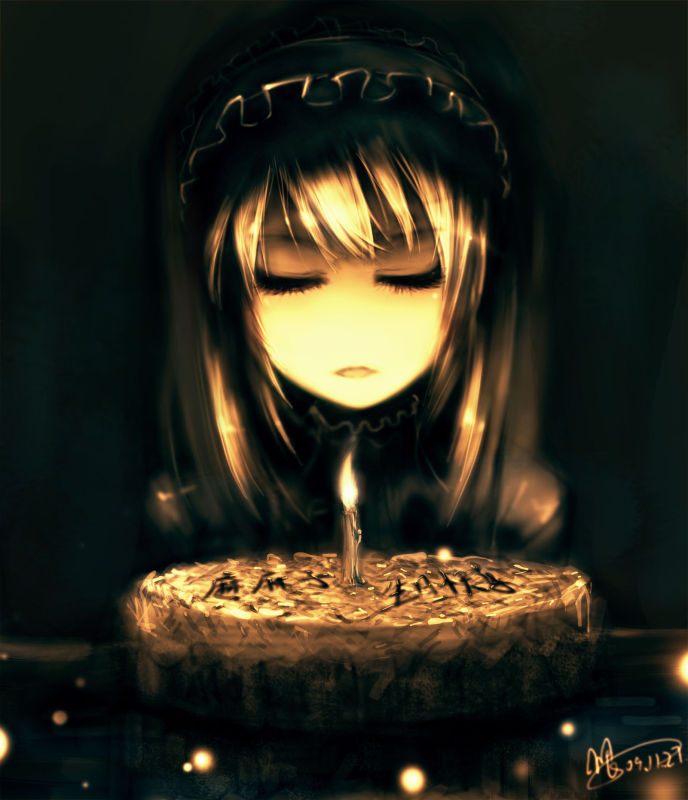 cake candle closed_eyes food gothic_lolita hairband long_hair pastry silver_hair source_request urami