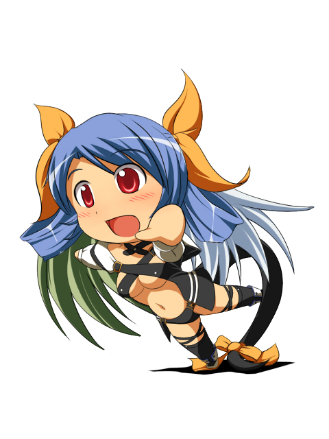 asymmetrical_wings blush chibi dizzy guilty_gear mirano open_mouth red_eyes ribbon smile solo standing_on_one_leg tail tail_ribbon thighhighs tripping wings