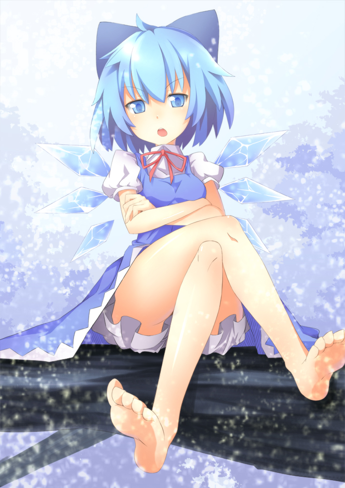 bare_legs barefoot bloomers blue_eyes blue_hair bow breasts chonbo_(artist) cirno crossed_arms crossed_legs feet hair_bow in_tree open_mouth ribbon sitting sitting_in_tree snowing soles touhou tree wings