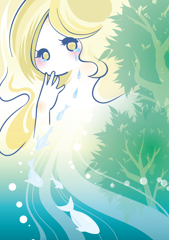 blonde_hair blush bubble fish long_hair river surreal tears tree