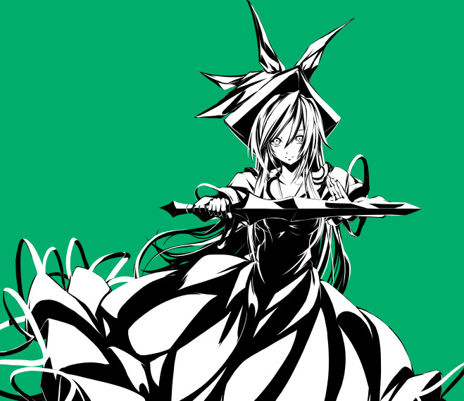 artist_request bow dress hair_bow hat kamishirasawa_keine long_hair monochrome simple_background smile solo sword touhou weapon wind
