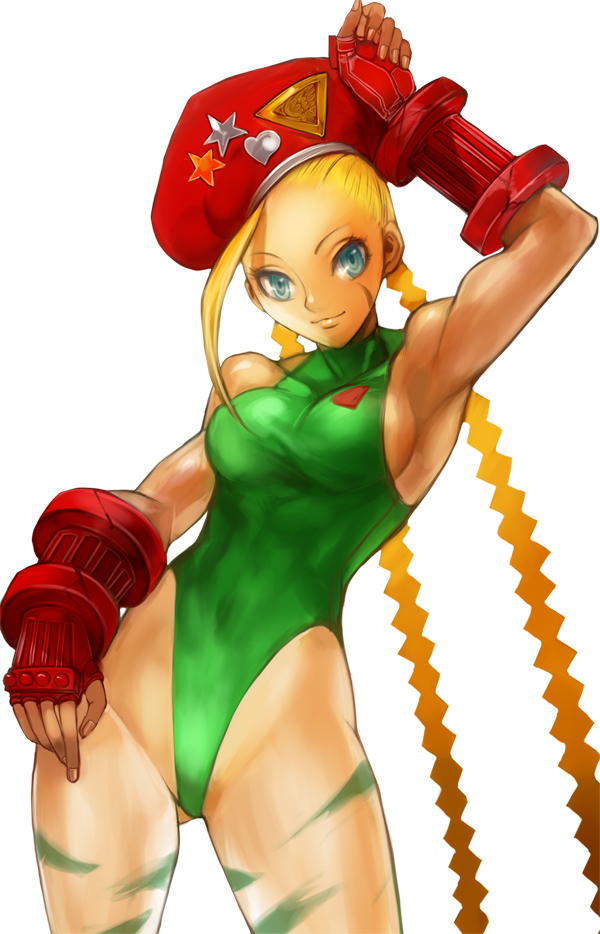 beret blonde_hair blue_eyes braid cammy_white fingerless_gloves gloves hat heart leotard long_hair moreshan scar star street_fighter twin_braids