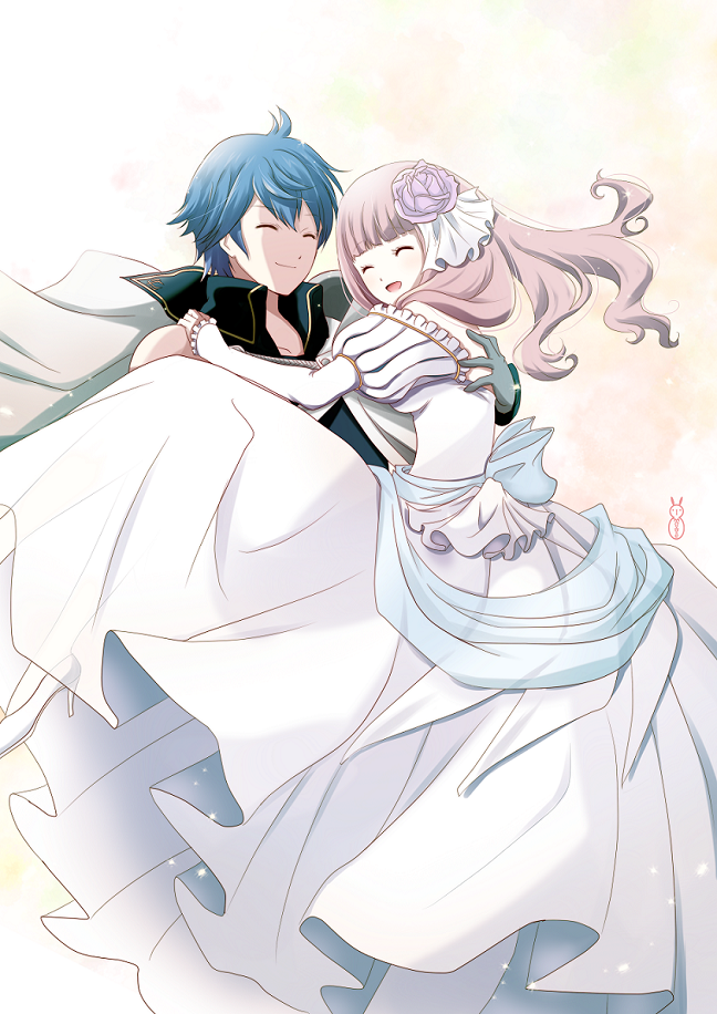 1girl :d ^_^ carrying chrom_(fire_emblem) closed_eyes couple dress eyes_closed fire_emblem fire_emblem:_kakusei flower hair_flower hair_ornament krom long_hair machinosuke my_unit open_mouth pink_hair princess_carry smile wedding_dress