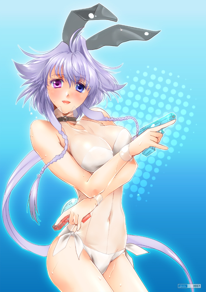 :d animal_ears blue_eyes blush breasts bunny_ears casual_one-piece_swimsuit cleavage collar dual_wielding heart heterochromia lavolpe_(yagisaka_seto) long_hair looking_at_viewer one-piece_swimsuit open_mouth original payot polka_dot purple_eyes rabbit_ears see-through silver_hair smile solo sweat swimsuit very_long_hair violet_eyes water_gun yagisaka_seto