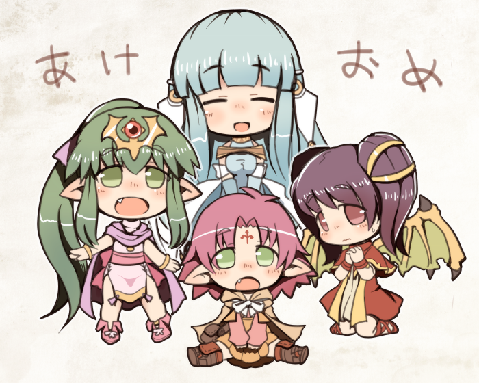 :d akeome blue_hair cape character_request chibi chiki closed_eyes crab_man eyes_closed fa fa_(fire_emblem) facial_mark fang fire_emblem forehead_mark green_hair hands_clasped multiple_girls myrrh new_year ninian open_mouth pink_hair pointy_ears ponytail purple_hair short_hair short_twintails smile sweatdrop translated twintails wings