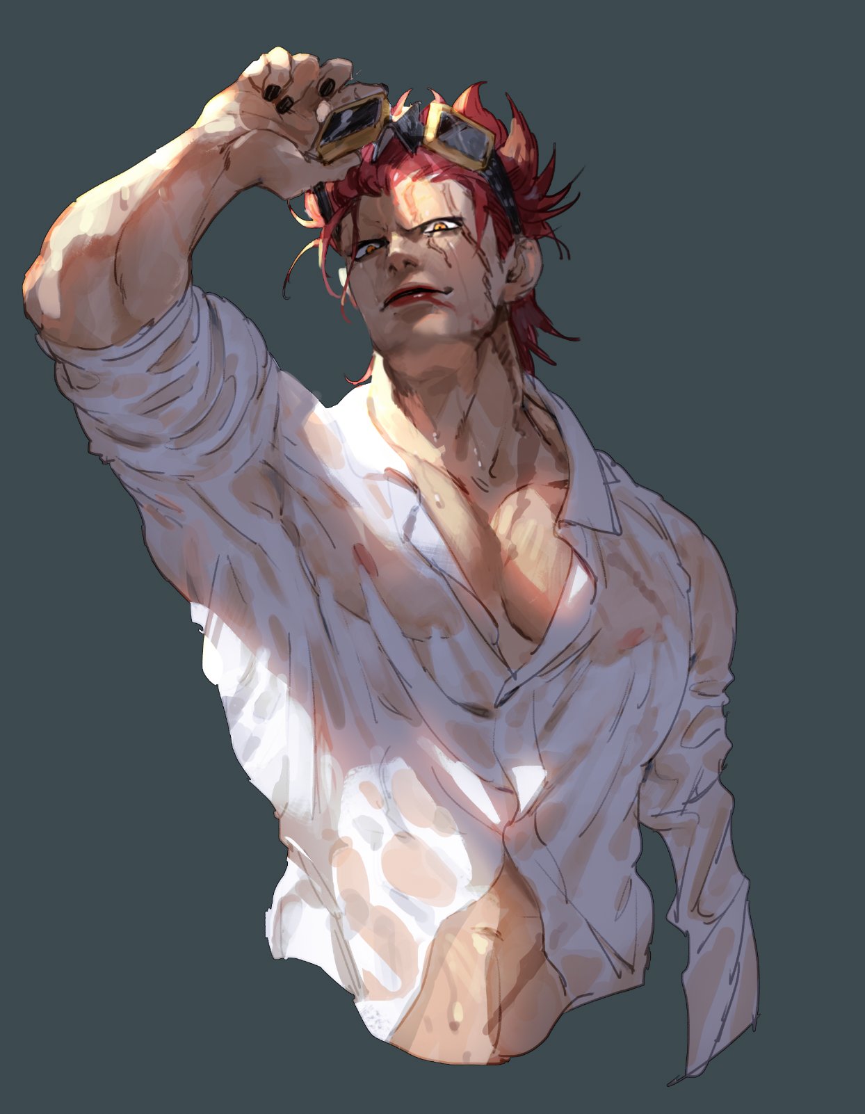 1boy amputee covered_nipples cropped_torso eustass_captain_kid goggles goggles_on_head highres looking_at_viewer male_cleavage male_focus midriff_peek muscular muscular_male one_piece partially_unbuttoned pectorals redhead scar scar_across_eye scar_on_chest scar_on_neck shirt short_hair sideburns sleeves_rolled_up solo sosogi_(qtgejyrkhrng4jk) spiky_hair wet wet_clothes wet_shirt white_shirt