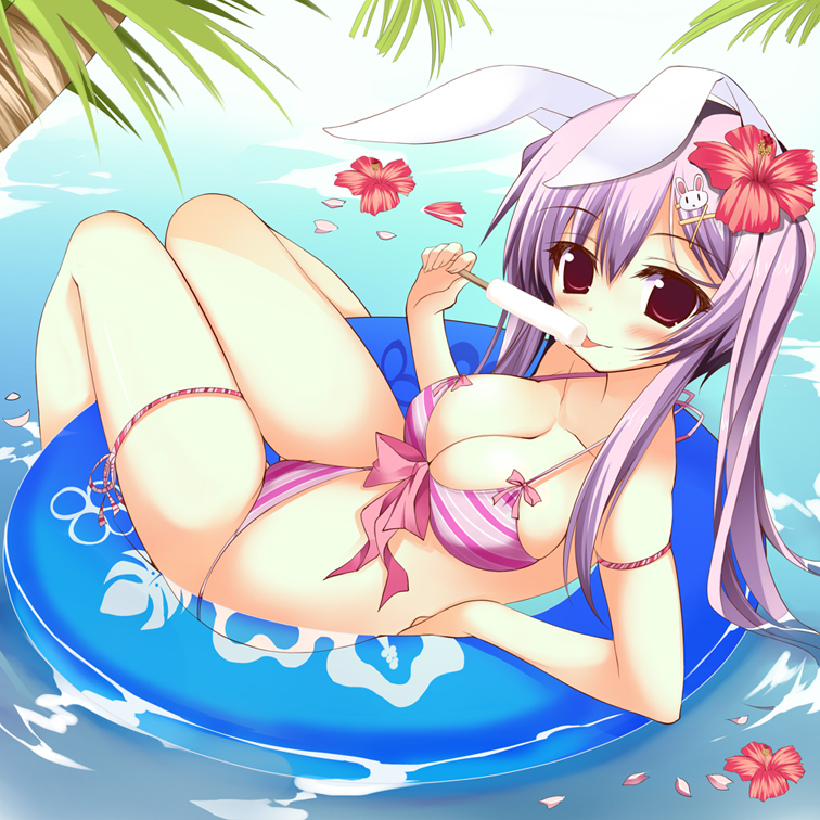 animal_ears arm_support back bikini blush breasts bunny_ears cleavage flower front-tie_top hair_flower hair_ornament hairpin holding innertube kusano_(torisukerabasu) large_breasts long_hair looking looking_at_viewer partially_submerged petals pink_bikini popsicle purple_hair rabbit_ears red_eyes reisen_udongein_inaba sitting solo strap_gap striped striped_bikini striped_swimsuit swimsuit thigh_gap tongue touhou water