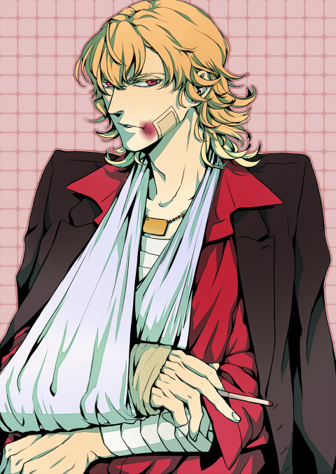 bandage bandages blonde_hair bruise cigarette formal injury jewelry k-996 male necklace ourobunny red_eyes sling sling_(medical) solo suit tiger_&amp;_bunny