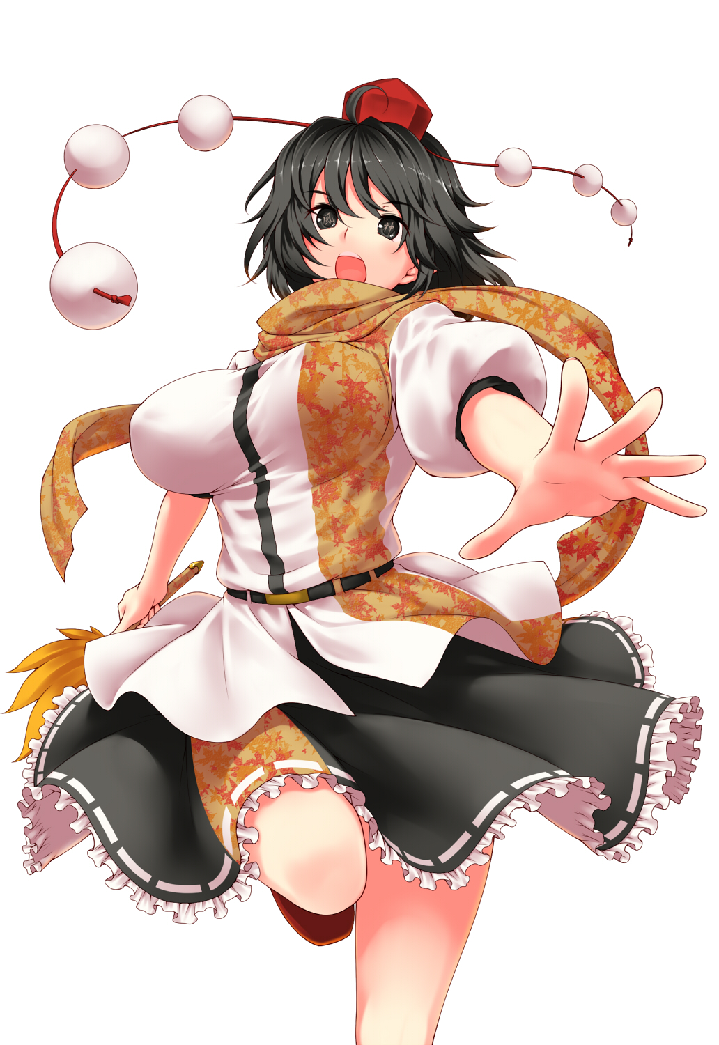 black_eyes black_hair breasts hat highres impossible_clothes impossible_shirt open_mouth scarf shameimaru_aya short_hair simple_background skirt solo symbol-shaped_pupils tokin_hat touhou tro white_background
