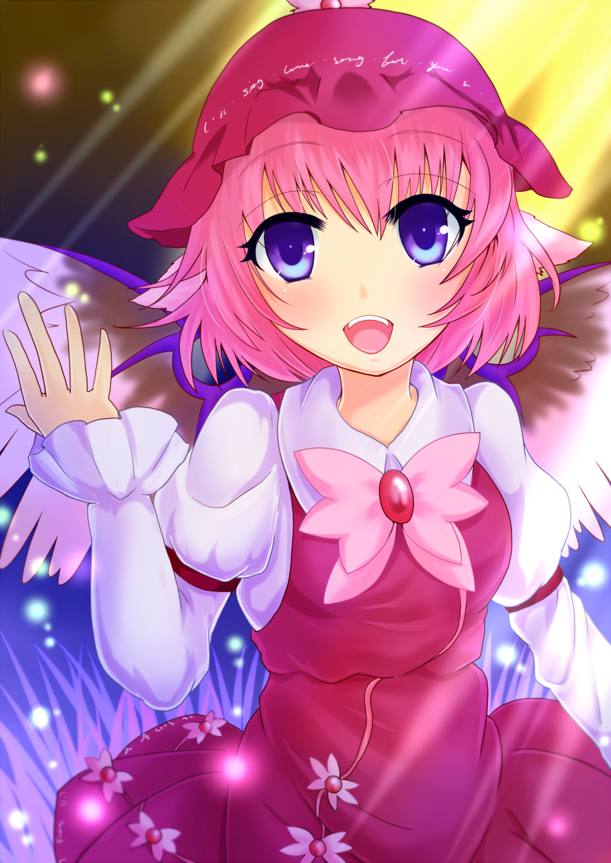 arm_up armband beam bird_wings blue_eyes bow brooch dress hat highres jewelry kotarou_(yukina1721) light light_particles long_sleeves looking_at_viewer mystia_lorelei open_hand open_mouth pink_dress pink_hair puffy_sleeves short_hair solo touhou two-tone_background wings