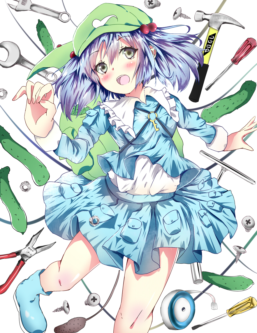 aa44 blue_eyes blue_hair cucumber dress hair_bobbles hair_ornament hammer hat kawashiro_nitori key nut_(hardware) open_mouth pliers pocket screw screwdriver solo tape_measure touhou white_background wrench