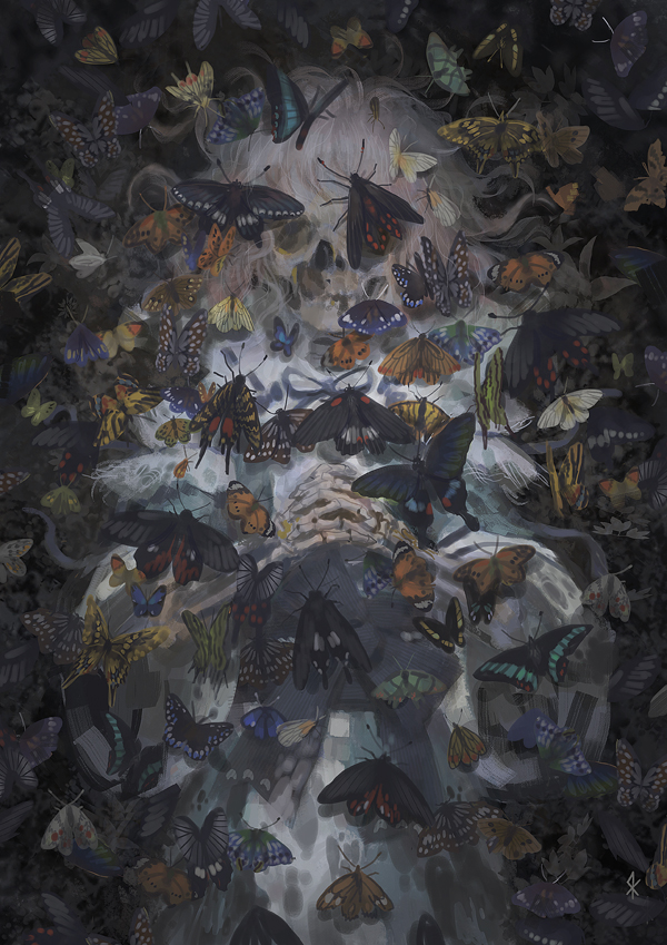 butterfly corpse death hands_clasped japanese_clothes lying moth no_hat no_headwear pink_hair ribbon saigyouji_yuyuko seeker skeleton solo touhou