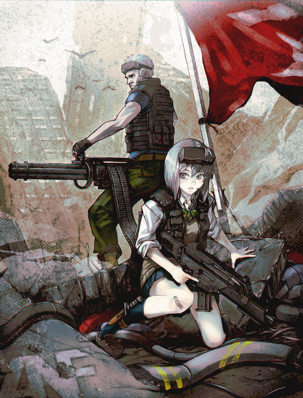 1boy 1girl 40hara apocalypse armor assault_rifle bandaid bowtie bulletproof_vest female flag g36 goggles goggles_on_head gun headset highres kidoairaku kneeling knife load_bearing_vest male minigun operator original rifle school_uniform short_hair skirt sleeves_rolled_up trigger_discipline vest weapon