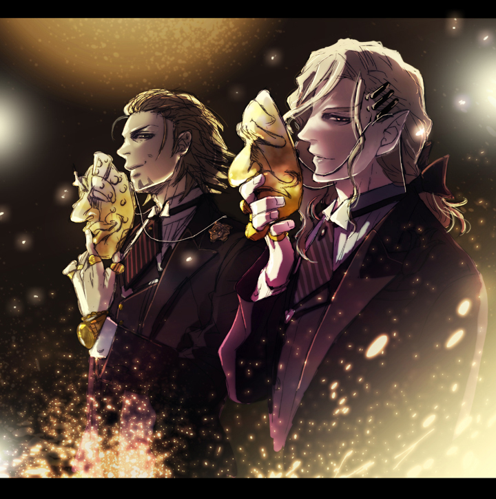 aotan bow brown_eyes brown_hair facial_hair formal grey_hair hair_bow hair_ornament hair_slicked_back hairclip jewelry kaburagi_t_kotetsu letterboxed light_particles long_hair male mask multiple_boys necktie pointy_ears ponytail ring silver_hair stubble suit tiger_&amp;_bunny yuri_petrov