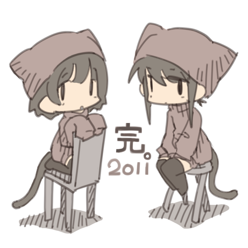 2011 2girls animal_ears brown_hair chair copyright_request crab_man hat lowres multiple_girls open_mouth sitting sleeves_past_wrists sweater tail thigh-highs thighhighs translated translation_request zettai_ryouiki |_|