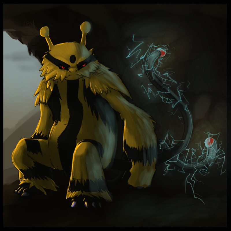 andrea_botiller cave electivire electricity electrike full_body looking_at_viewer no_humans pokemon pokemon_(creature) red_eyes sitting solo