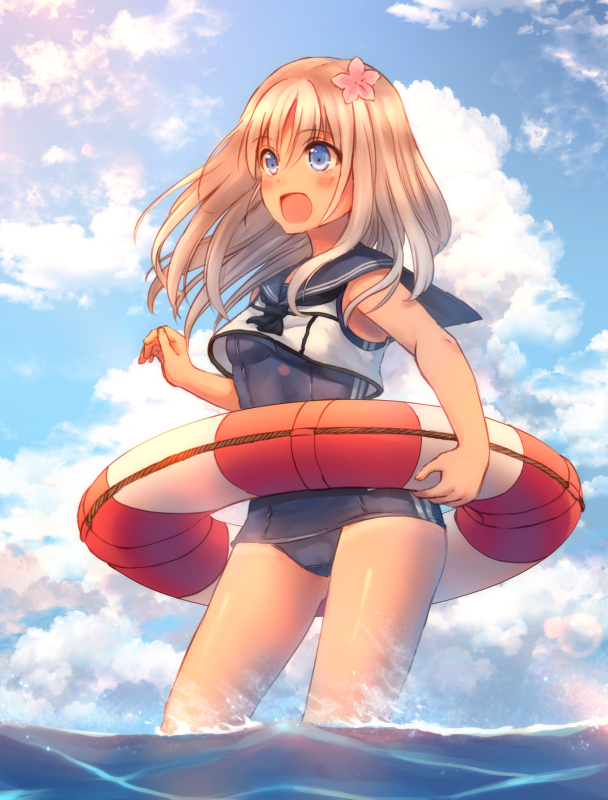 1girl bare_legs bare_shoulders blue_eyes blue_sky blush crop_top crop_top_overhang flower hair_flower hair_ornament kantai_collection lifebuoy long_hair moe_(hamhamham) neckerchief ocean open_mouth ro-500_(kantai_collection) sailor_collar school_swimsuit sky solo swimsuit swimsuit_under_clothes tan tanline wading white_hair