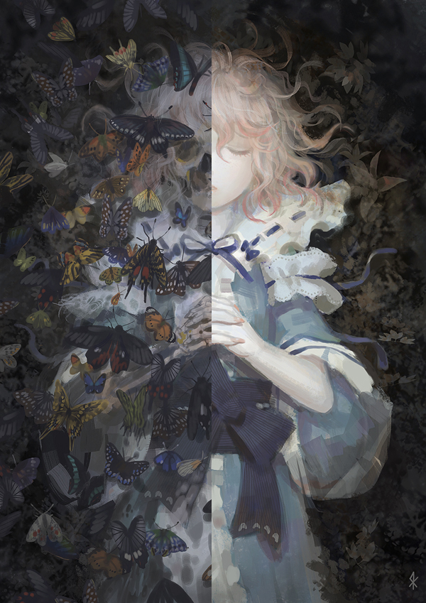 butterfly closed_eyes corpse death dual_persona eyes_closed hands_clasped japanese_clothes lying moth no_hat no_headwear on_back open_mouth pink_hair ribbon saigyouji_yuyuko seeker short_hair skeleton solo touhou