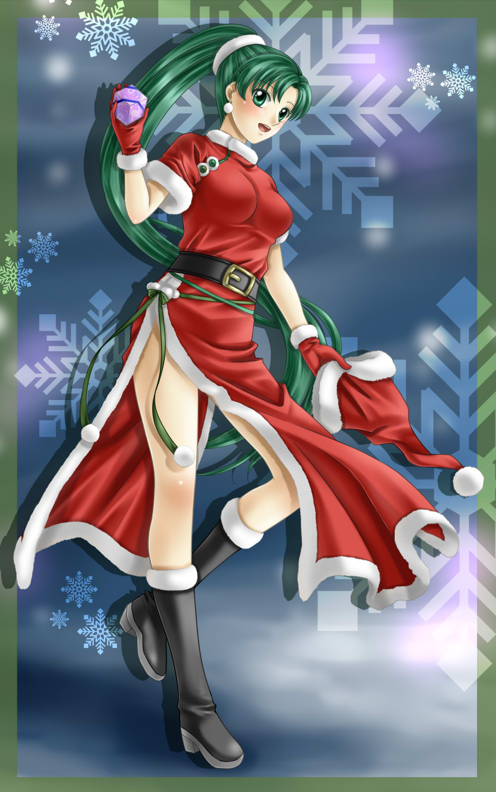 :d blush boots box christmas dress earrings fire_emblem fire_emblem:_rekka_no_ken fur_trim gift gloves green_eyes green_hair hat high_ponytail highres holding holding_hat jewelry long_hair lyn lyndis_(fire_emblem) open_mouth ponytail santa santa_costume santa_hat santa_outfit side_slit smile snowflakes solo very_long_hair yuino_(fancy_party)