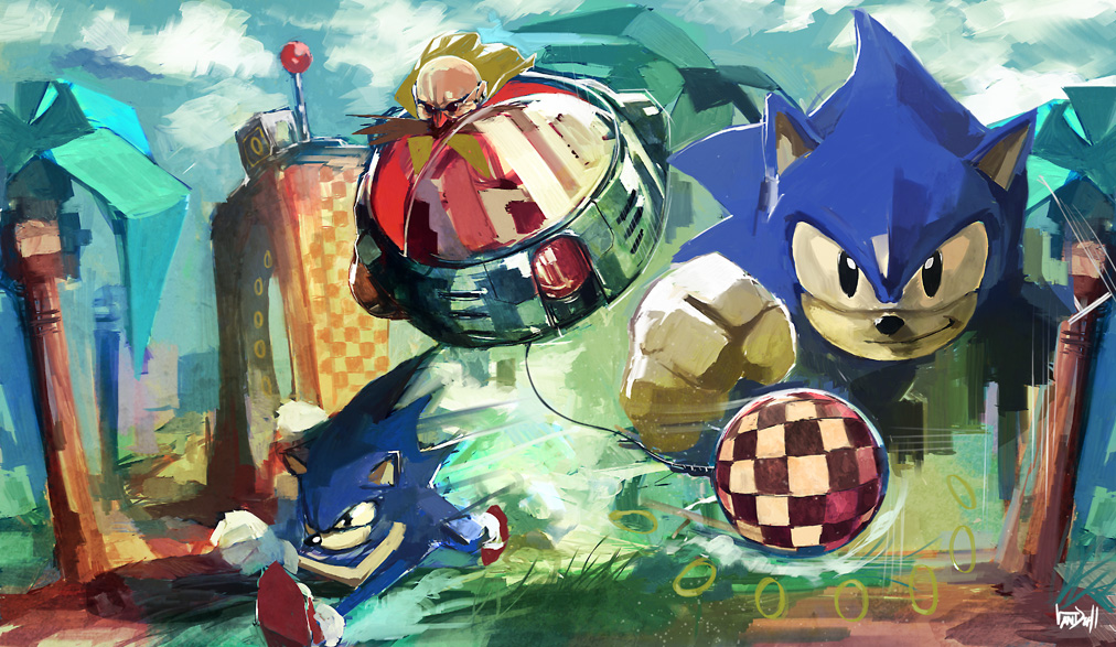 2boys bald ball battle clouds daniel_oduber dr._eggman dual_persona duel facial_hair gloves grass hedgehog jewelry looking_at_viewer loop multiple_boys mustache realistic ring road running sega signature sonic sonic_the_hedgehog sunglasses tree vehicle