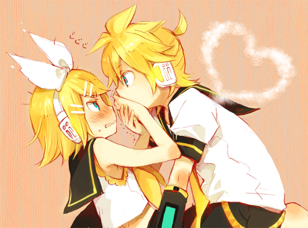 1girl blonde_hair blush bow brother_and_sister covering_mouth detached_sleeves hair_bow hair_ornament hairclip hand_over_mouth headphones heart kagamine_len kagamine_rin profile sailor_collar short_hair siblings striped striped_background twins vocaloid yukkii