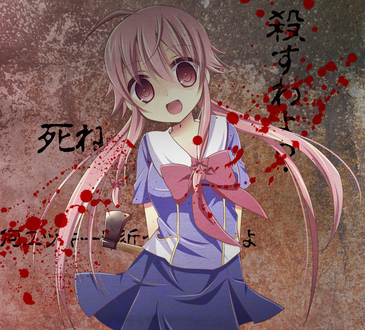:d ahoge aino_osaru arms_behind_back axe blood blush bow gasai_yuno holding long_hair mirai_nikki open_mouth pink_hair red_eyes skirt smile solo translated translation_request twintails weapon western_hatchet yandere