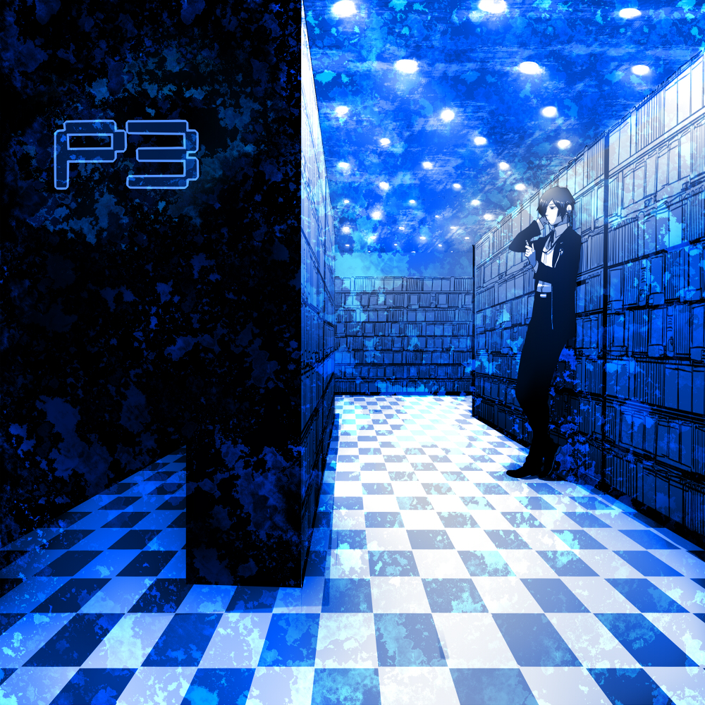 arisato_minato blue blue_hair bookshelf checkered checkered_floor headphones koredemoka library male persona persona_3 school_uniform serori_(koredemoka) solo