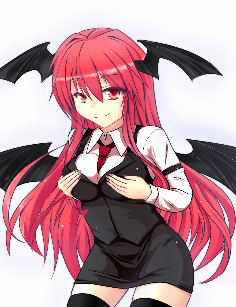 arm_garter bat_wings between_breasts black_legwear blush breast_hold breasts clothes_between_breasts dress_shirt fingernails gamachi hands_on_own_chest head_wings impossible_clothes impossible_vest koakuma large_breasts long_fingernails long_hair long_sleeves looking_at_viewer nail_polish necktie red_eyes red_hair redhead shirt simple_background skirt skirt_set smile solo thigh-highs thighhighs touhou very_long_hair vest white_background white_shirt wings zettai_ryouiki