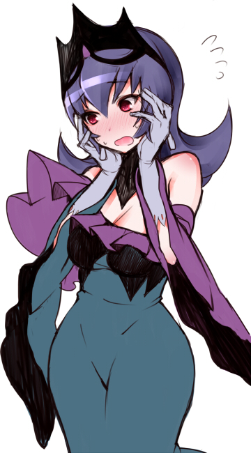 akira_(natsumemo) alternate_costume bangs bare_shoulders blue_hair blush breasts cleavage crown curvy dress earrings flying_sweatdrops gloves gym_leader hand_on_own_face hips jewelry lavender_hair long_hair natsume_(pokemon) open_mouth pokemon pokemon_(game) pokemon_bw2 pokewood purple_hair red_eyes short_hair simple_background solo sweatdrop white_background wide_hips wide_sleeves