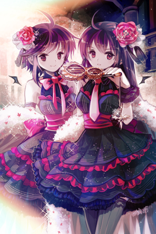 ahoge armband artist_request bow demon_wings dress flower frills gothic_lolita hair_ornament lolita_fashion long_hair lowres multiple_girls necktie purple_hair red_eyes rion_flina short_hair siblings sion_flina sisters sword_girls thigh-highs thighhighs twins wings