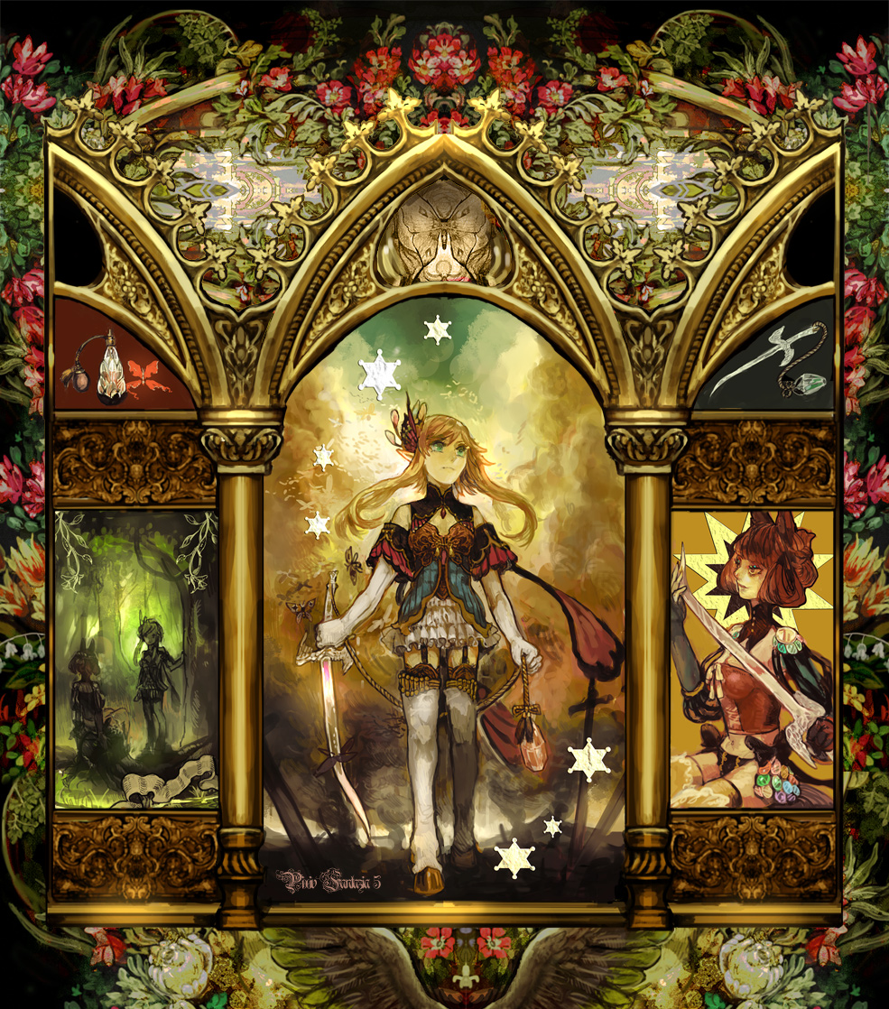 brown_hair butterfly chibi_(shimon) elaborate_frame fingerless_gloves flower frame gloves hair_ornament long_hair midriff multiple_girls pixiv_fantasia pixiv_fantasia_5 pointy_ears sword weapon