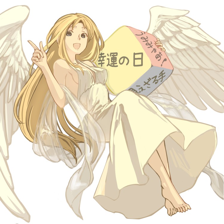 barefoot blonde_hair dice dress ehekatl_of_luck elona feet goddess rueken sash translated translation_request wings