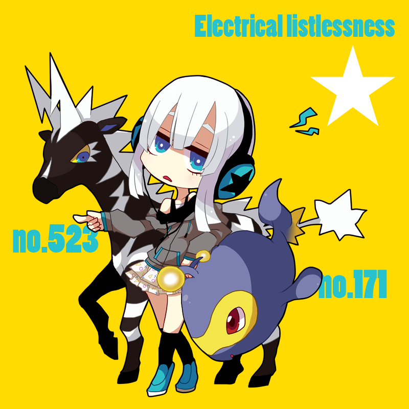 bare_shoulders black_legwear blue_eyes blunt_bangs frilled_skirt headphones kneehighs lanturn long_hair ngayope open_mouth outstretched_arm pleated_skirt pointing pokemon red_eyes skirt star sweater white_hair yellow_sclera zebstrika