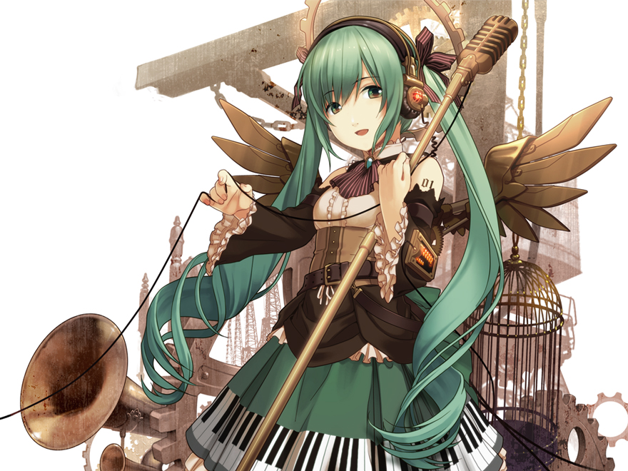 cage dioptrie dress green_hair hands hatsune_miku headphones long_hair microphone piano_print solo steampunk twintails vocaloid wings