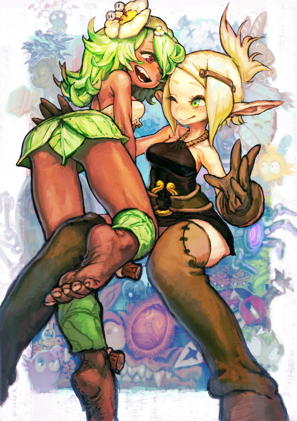 amalia_sheran_sharm ankle_wraps ass barefoot blonde_hair boots breasts dark_skin dirty_feet elf evangelyne feet flower freckles gloves green_eyes green_hair hair_flower hair_ornament highres jon_taira leaf long_hair long_pointy_ears monster multiple_girls pointy_ears ponytail pov_feet red_eyes robotic_arms skirt sleeveless soles teeth thigh-highs thigh_boots thighhighs toes tusks wakfu wink