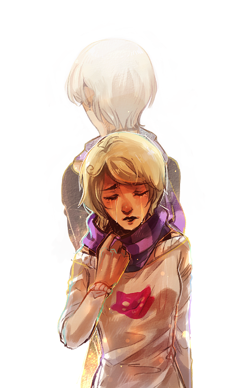 age_difference black_lipstick blonde_hair closed_eyes crying eyes_closed homestuck lipstick makeup mallius mother_and_daughter rose_lalonde roxy_lalonde scarf short_hair tears