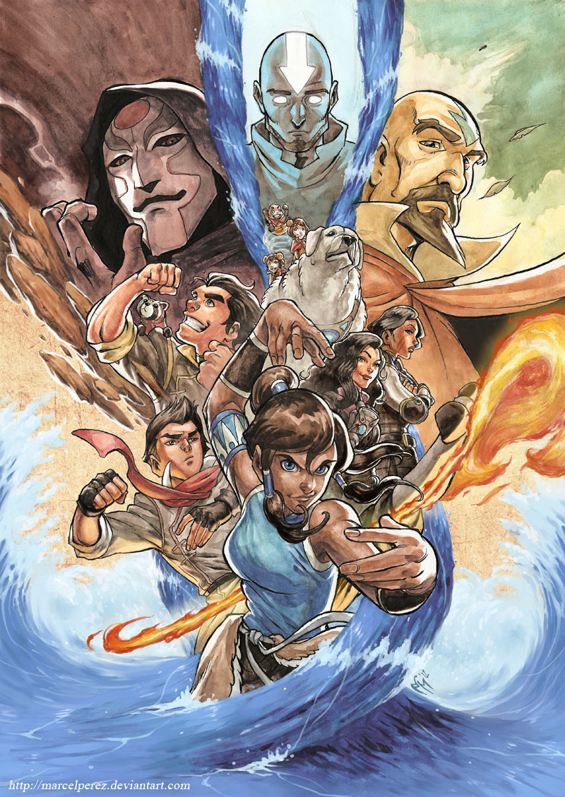 aang amon armband armor asami_(avatar) avatar:_the_last_airbender blue_eyes bolin_(avatar) brother brothers crossed_arms dog everyone father fighting_stance fingerless_gloves fire fur_trim gloves glowing glowing_eyes hood ikki jinora korra legend_of_korra lin lin_bei_fong mako_(avatar) mask meelo pabu pet ponytail red_panda scar scarf shoulder_perch siblings sister son tenzin_(avatar) water zuthell