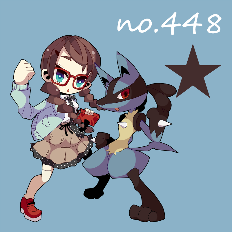 book braid clenched_hand dress glasses gloves hair_ribbon holding long_hair lucario ngayope open_mouth pokemon polka_dot red-framed_glasses red_eyes ribbon star sweater thigh-highs thighhighs twin_braids white_legwear