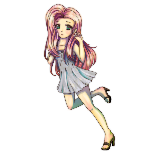 1girl blush dress female fluttershy fluttershy_(my_little_pony) fluttershy_(my_little_pony_friendship_is_magic) green_eyes high_heels long_hair lowres my_little_pony my_little_pony_friendship_is_magic open_shoes pink_hair renxtsoto sandals simple_background solo standing_on_one_leg